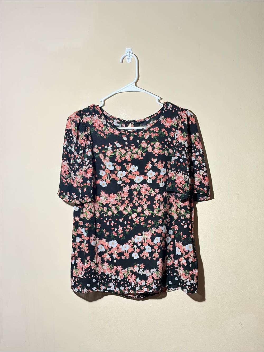 Worthington Size Medium Black Blouse with Pink Floral Print